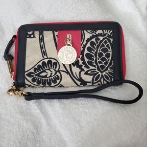 Spartina 449 Wallet Wristlet Tan and Black Linen and Leather EUC